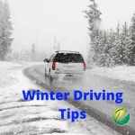 a car drives on a snowy, icy road with "winter driving tips" labelled over it